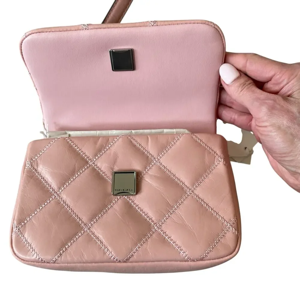 Tory Burch Willa Glazed Mini Belt Bag Crossbody Pink Rose Sachet Leather OS New